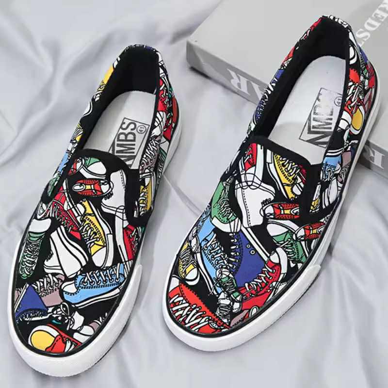 JZZL Graffiti ເກີບຮັດສົ້ນ slip-on ດີໄຊສ່ວນບຸກຄົນ, ເກີບຜູ້ຊາຍ, ເກີບສຳຮອງ ໃສ່ຫຼີ້ນທົ່ວໄປ