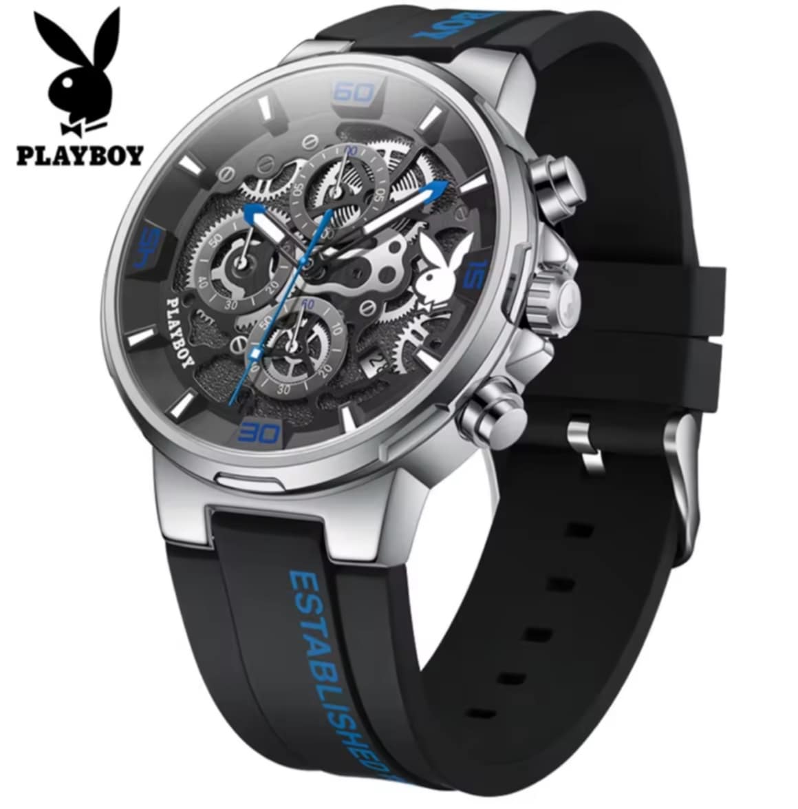 PLAYBOY Sport Watch ຜູ້ຊາຍ 100% ຂອງແທ້ ກັນນ້ຳ ໂຄໂນກຣາຟ ປະຕິທິນ ສາຍຊິລິໂຄນ ກັນກະແທກ ໂມງກຣາວອດ