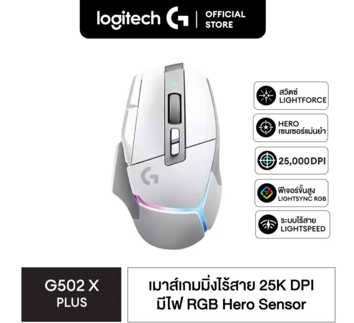 Logitech G502 X PLUS LIGHTSPEED Wireless RGB Gaming Mouse ເມົາສເກມມິ້ງໄລ້ສາຍ ມີສະວິດແບບໄຮບຣິດ ອອບຕິຄອນ LIGHTFORCE, ໄຟ Lightsync RGB ພ້ອມດ້ວຍເຊັນເຊີ Hero 25K ໃຊ້ງານໄດ້ກັບ macOS/Windows.