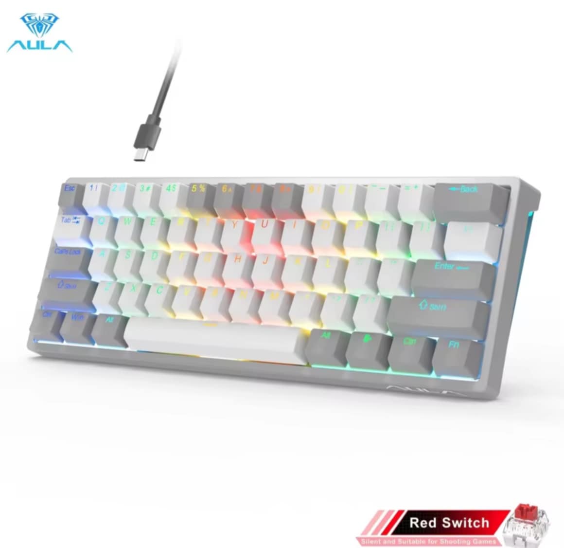 AULA ຄີບອດ 61 ປຸ່ມ ແບບ Hot-Swappable ມີໄຟ RGB Backlit ສະຫວ່າງຫຼາກສີ ແປ້ນພິມແມັກຄານິກ ສາມາດຖອດສາ Type-C ໄດ້ ເປັນຄີບອດເກມມິ້ງແບບມີສາຍ (ຮຸ່ນ F3261)