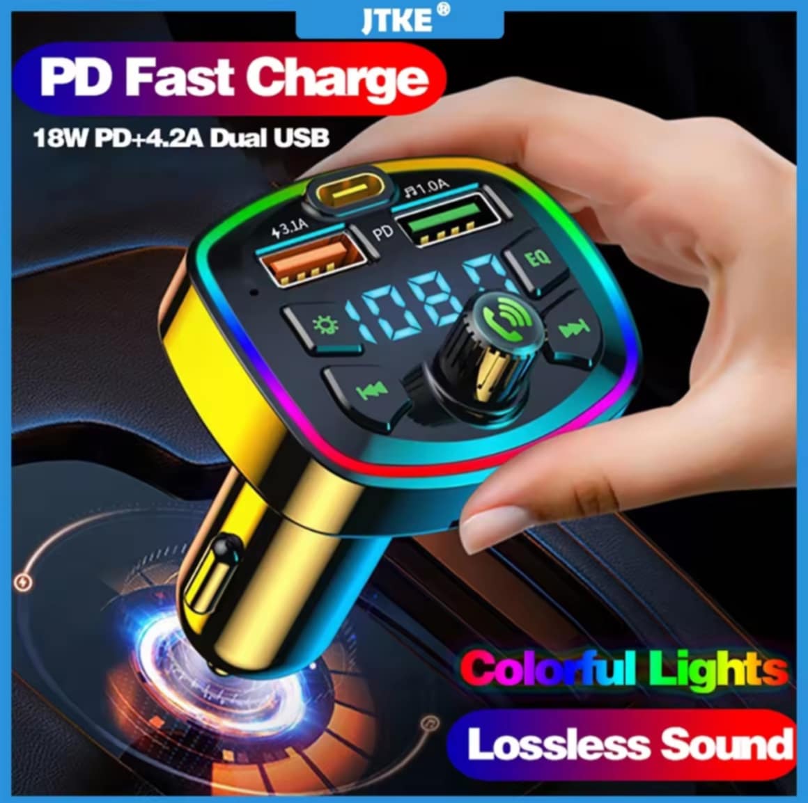 JTKE ເຄື່ອງສົ່ງສັນຍານ FM ບລູທູດ 5.0 ໃນລົດ, ເຄື່ອງຊາດໄວ PD 18W Type-C USB ຄູ່ 4.2A, ໄຟ LED ເຮືອງແສງ, ເຄື່ອງເລ່ນ MP3