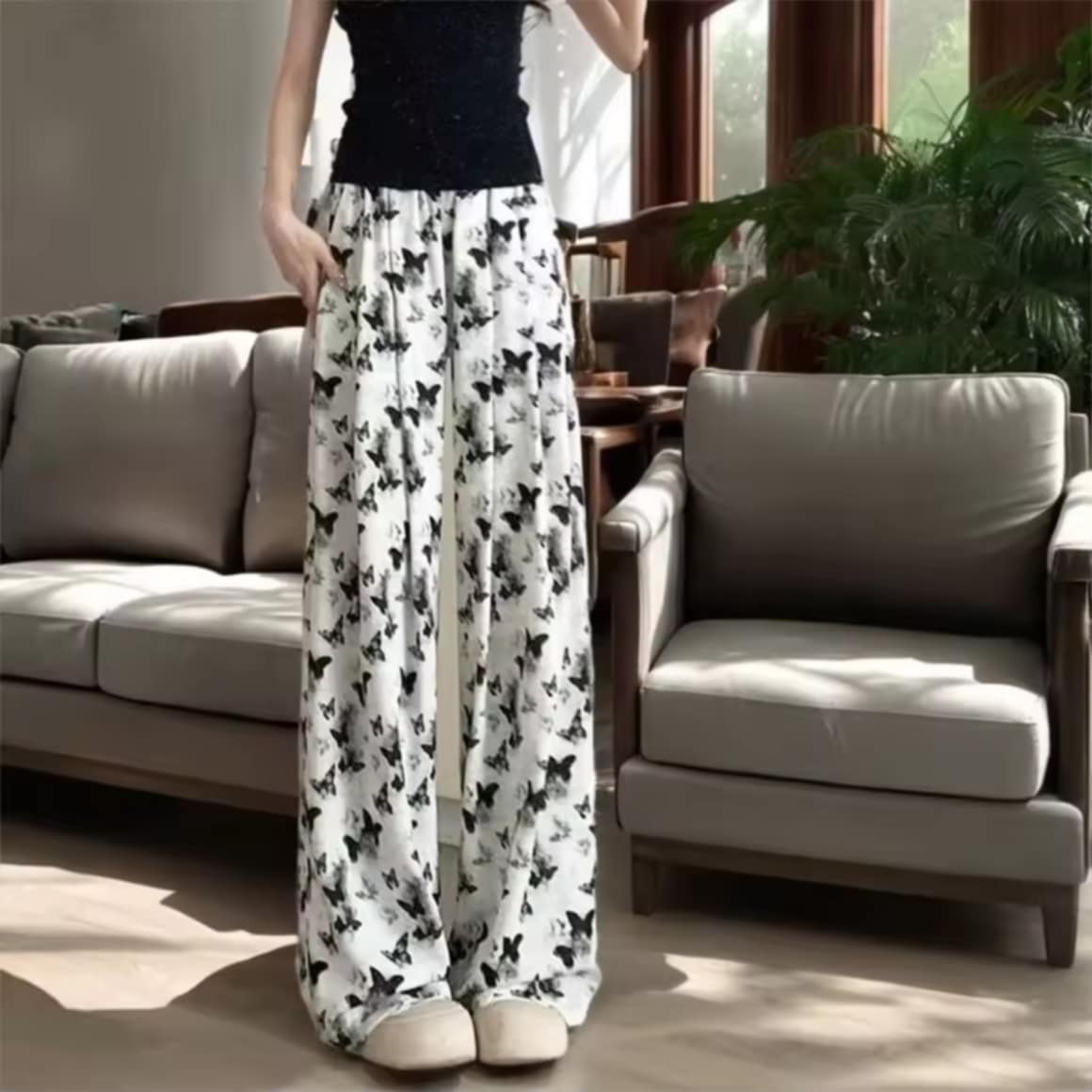 ໂສ້ງຂາຍາວລາຍແມງກະເບືຶ້ອ  ແອວຍືດ ມີເຊືອກຮູດດ້ານໜ້າ K56