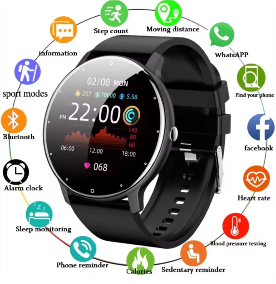 ໂມດສະແມດວອດຊ໌ ໂມງບລູທູດ, ເຄື່ອງວັດອັດຕາການເຕັ້ນຫົວໃຈ, ເຄື່ອງນັບກ້າວ, ເຄື່ອງວັດຄວາມດັນ, ກັນນ້ໍາ, ໂມງກິລາ, ຈໍທັດສຄຣີນ, ໃສ່ອອກກຳລັງກາຍ, ໂມດສະແມດວອດຊ໌ ໃຊ້ໄດ້ກັບ Android ແລະ iOS, ບລູທູດ, ຈໍທັດສຄຣີນທັງໝົດ, ກິລາ, ສຸຂະພາບ, Smart Watch, Samsung.