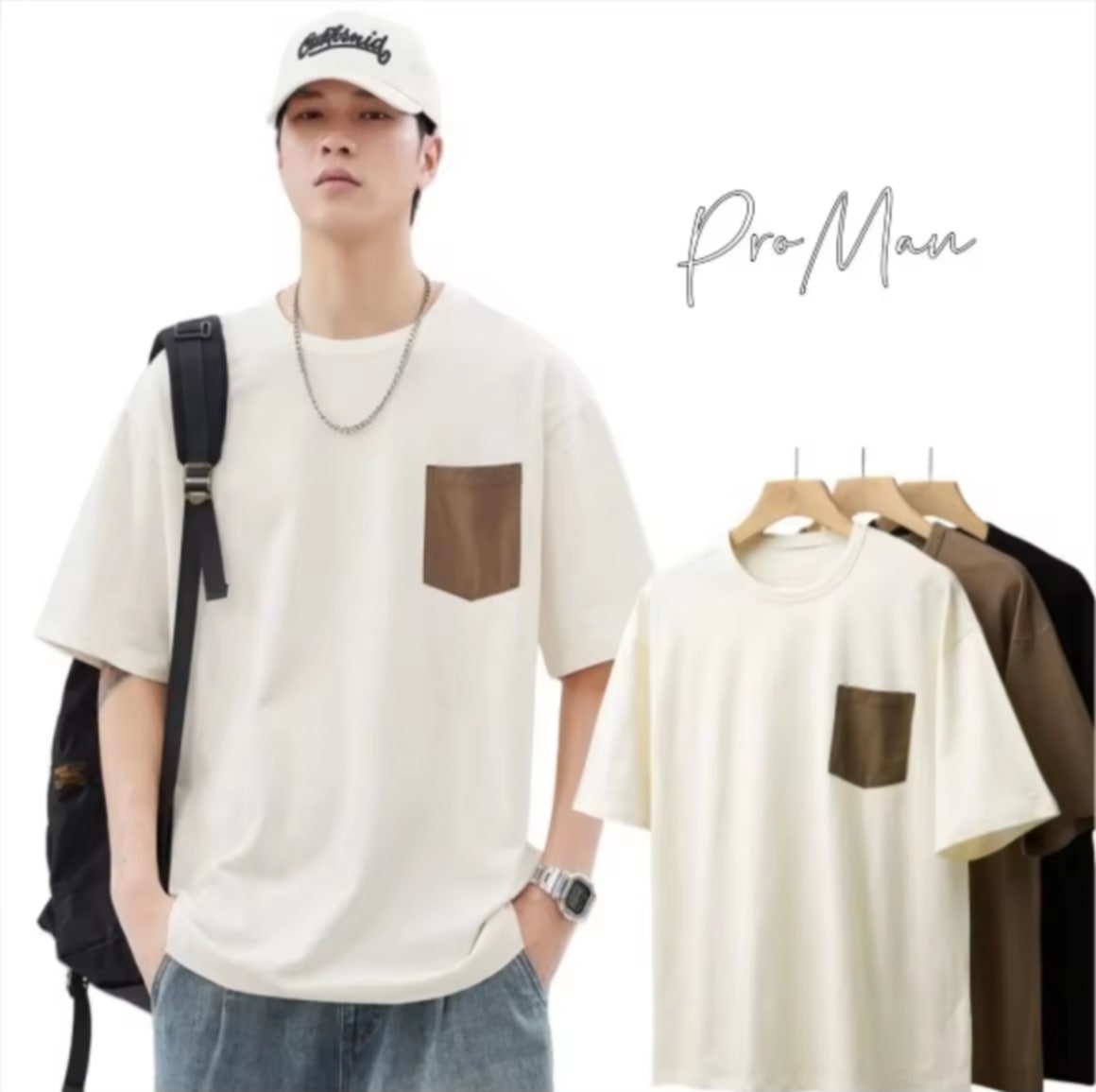 ⚡️ProMan⚡️ເສື້ອແຂນສັ້ນລະດູຮ້ອນ ມີກະເປົາ ສີຕັດກັນ ຄໍກົມ ດີໄຊລ໌ງ່າຍໆ ແບບຊົງຫຼວມ.