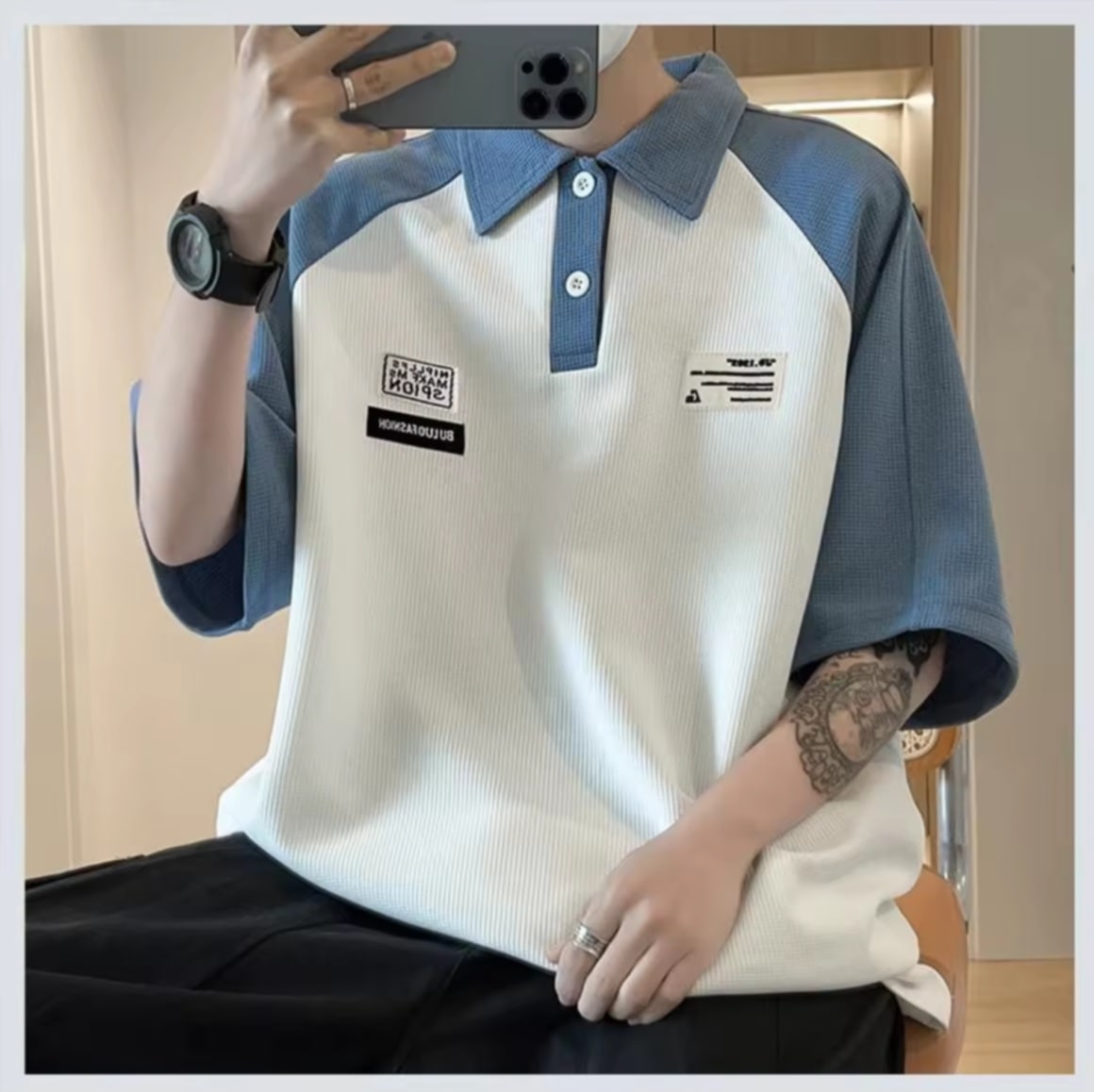 ProMan ເສື້ອ polo ແບບລຳລອງ ຜູ້ຊາຍ ຜ້າວາຟເຟິລ ມີປ້າຍຕົກແຕ່ງ ແຟຊັນນິຍົມ .