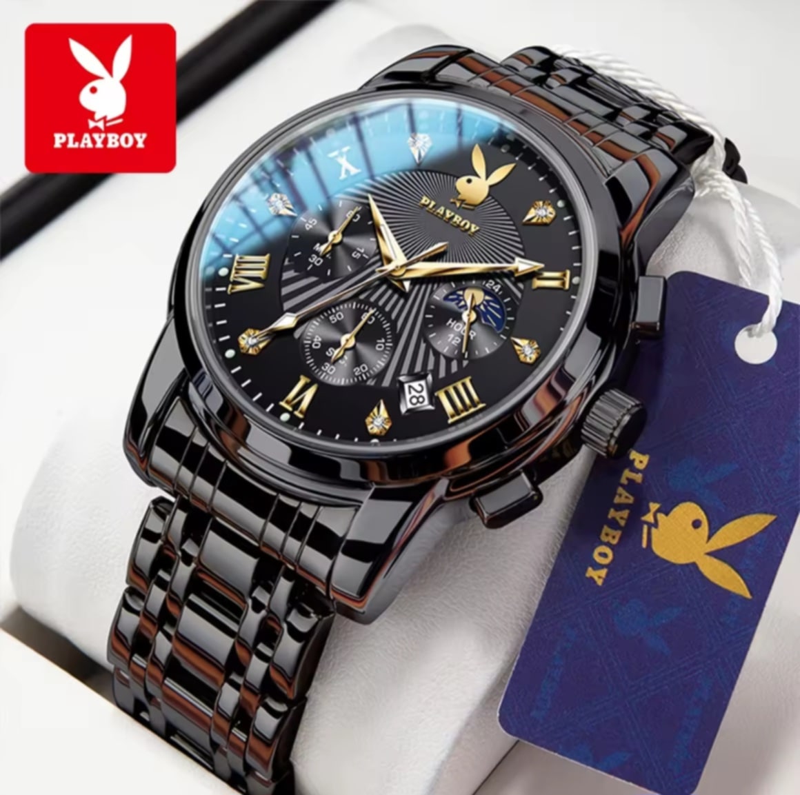 PLAYBOY  ໂມງຜູ້ຊາຍ ແທ້ ກັນນ້ຳ  ແບບແຟຊັນໃໝ່ ລູກຊິ່ງຫລັກ Quartz ຄວາມຫຼາກຟັງຊັນ ມີສາຍສແຕນເລດສະຖິດເປັນແສງ ມີຕົວປ່ຽນຄວາມຍາວສາຍ
