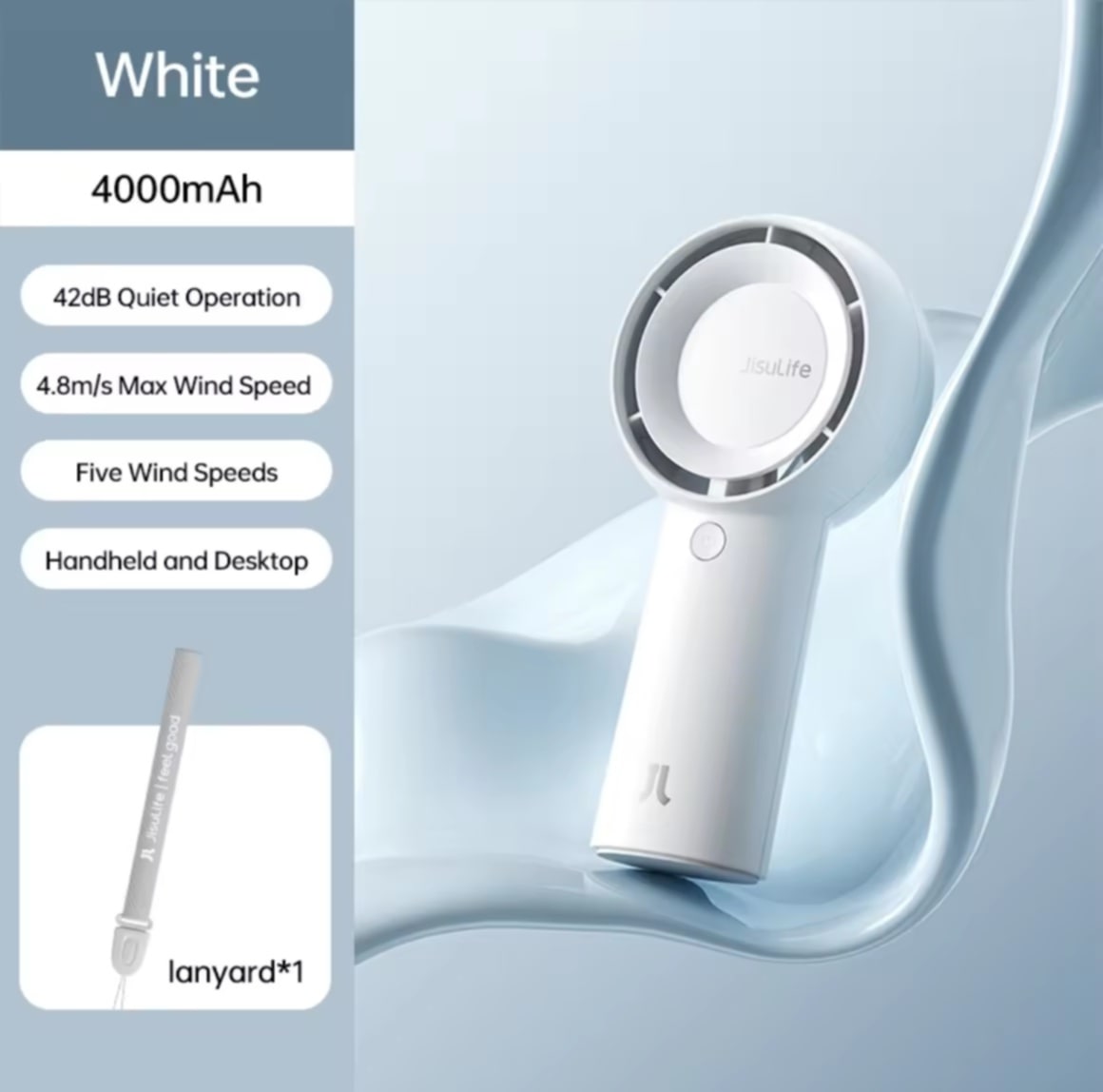 JISULIFE ພັດລົມນ້ອຍ Rechargeable  4000mAh USB ມືຖື ພັດລົມນັກຮຽນ ພົກພາງ່າຍ