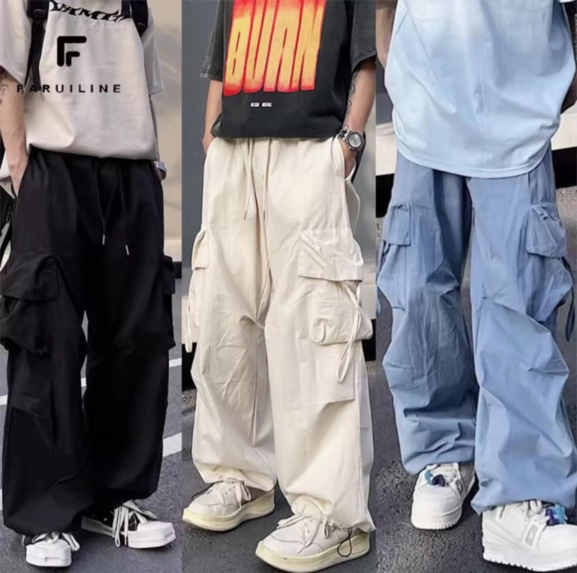 ໂສ້ງຄາໂກຜູ້ຊາຍ ຂາກວ້າງ ກະເປົ໋າຂະໜາດໃຫຍ່ ຂາກວ້າງ  ລະບາຍອາກາດ ສະໄຕລ໌ Y2K