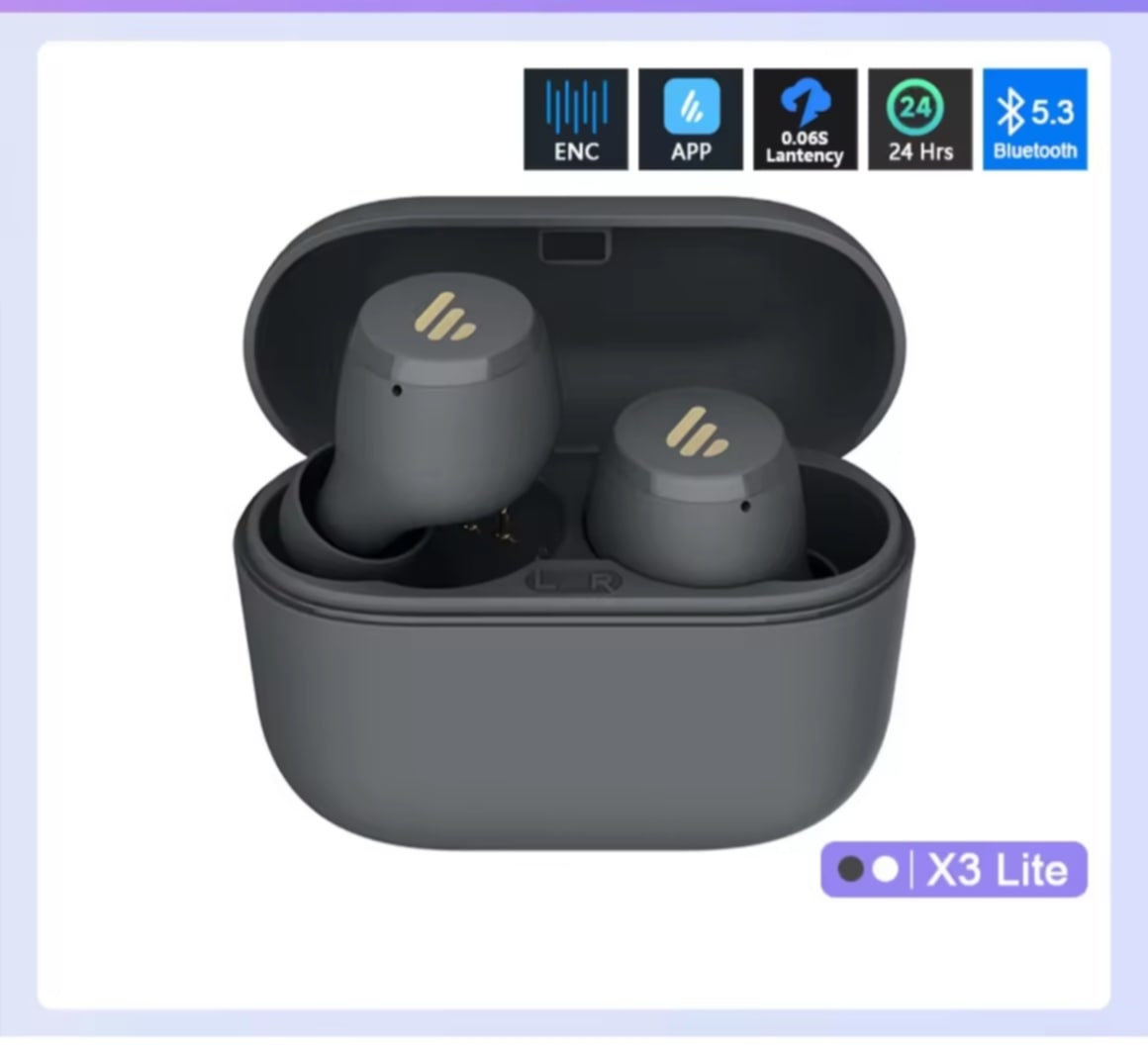 Edifier X3 Lite ຫູຟັງ TWS Bluetooth ລຸ້ນ X3 Lite ມາພ້ອມ Bluetooth 5.3  ລະບົບຕັດສຽງລົບກວນ (Environmental Noise Cancelling)  ແບັດອຶດນານເຖິງ 24 ຊົ່ວໂມງ (ລວມກັບກ່ອງຊາດ)  ມາດຕະຖານກັນຝຸ່ນ–ກັນເຫື່ອ IP55  ໃສ່ສະດວກ ເບົາ ແລະ ເໝາະສຳລັບກິດຈະກຳກິລາ/ໃຊ້ປະຈຳວັນ