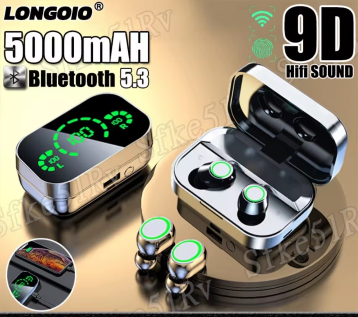 Longolo Bluetooth Headphones ຫູຟັງບລູທູດ ສຽງຄົມຊັດ ບາສແນ່ນ ກັນນ້ຳລະດັບ IPX7 ຫູຟັງແບບ In-Ear. ຫູຟັງສະເຕີລີໂອ ລຸ້ນ True Wireless ອັບເກຣດລ່າສຸດ Bluetooth 5.3 V5.3 ຮອງຮັບ iOS (ບາສແນ່ນ, ຫູຟັງເກມ, ຫູຟັງໄຮ້ສາຍ)
