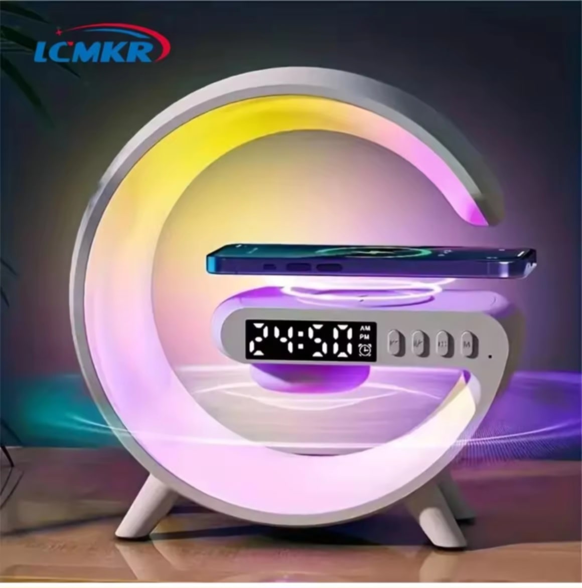 LCMKR ໂຄມໄຟຕັ້ງໂຕະ LED ມີລໍາໂພງ ຟັງຊັນຕັ້ງເວລາ ແລະ ນາລິກາປຸກ ພົກພາໄດ້ ບລູທູດໄຮ້ສາຍ ນາລິກາປຸກ ມີໄຟ 9 ໂໝດ ຮອງຮັບການຊາດໄຮ້ສາຍ