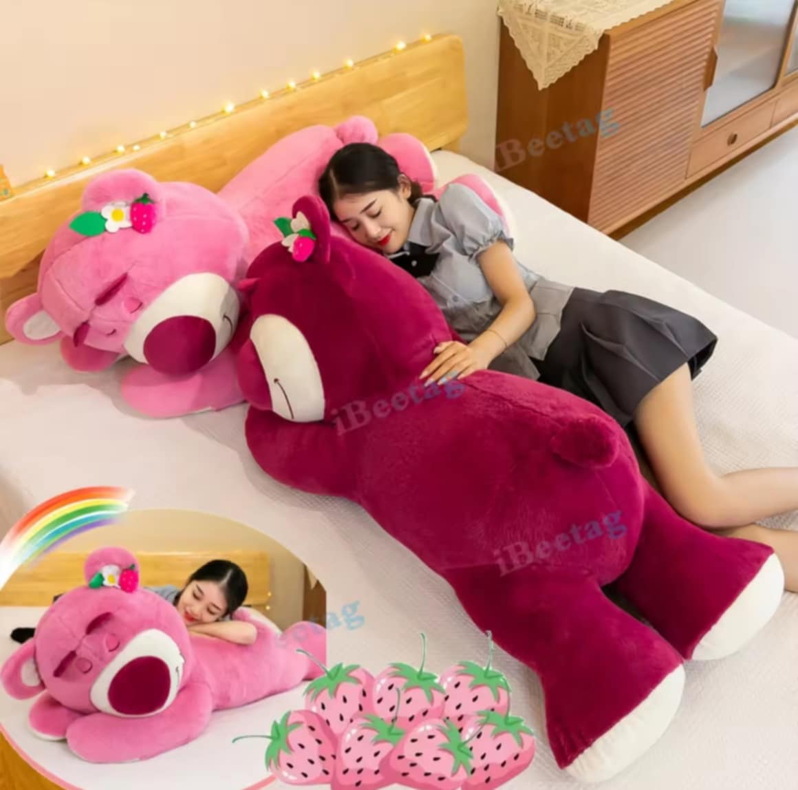 ໝອນອີງ ໝອນຕຸກຕາຫມີສະຕຣໍເບີຣີ່ ຂະໜາດໃຫຍ່ ຕກຕາຫນານຸ່ມ ເໝາະເປັນຂອງຂວັນວັນວາເລນທາຍ ຕຸກຕາຫມີຜ້າກຳມະຫຍີ່ນອນ ຂະໜາດໃຫຍ່ ເໝາະສຳລັບນອນກອດ ແລະ ນອນຄູ່ກັບຕຸກຕາ