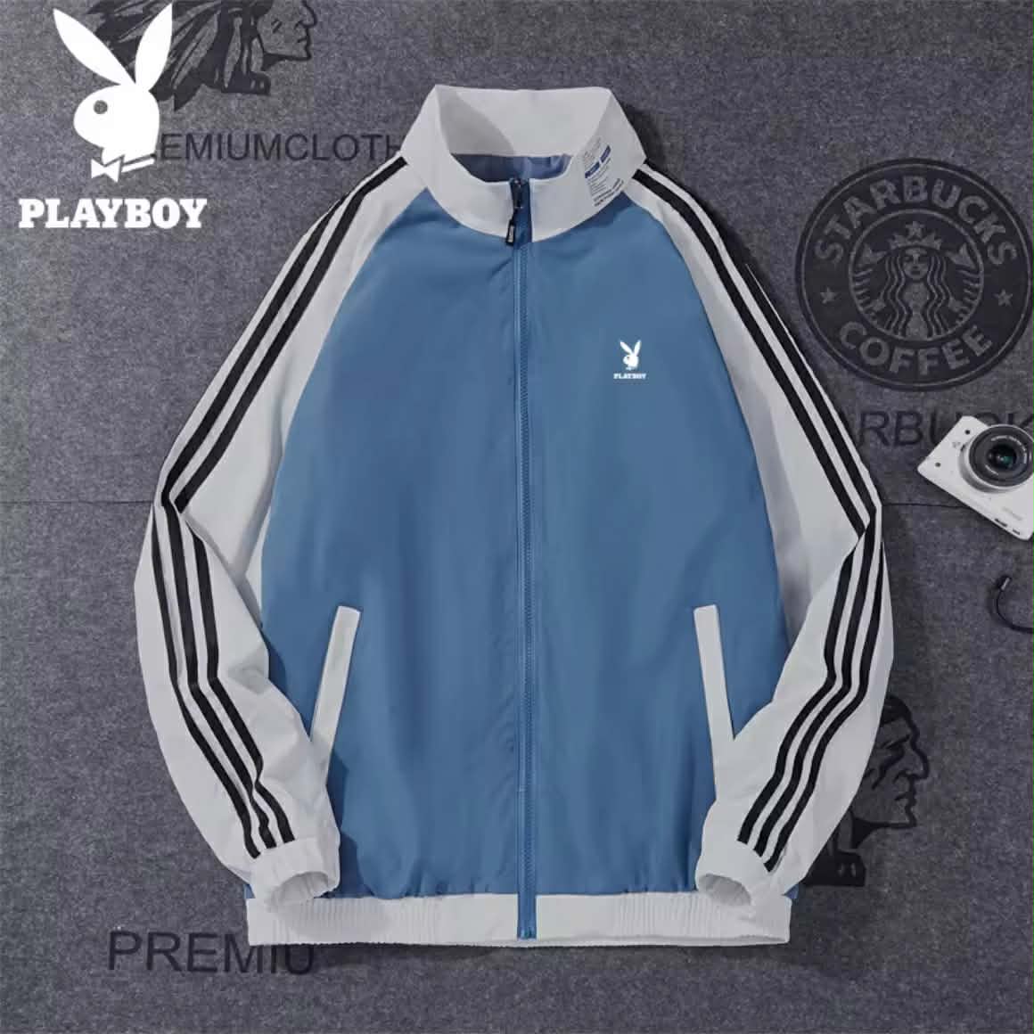 ແຈັກເກັດຜູ້ຊາຍ Playboy  ສະໄຕລ໌ລຳລອງ ສະບັບເກົາຫຼີ ແຟຊັ່ນ ຕໍ່ຜ້າຫຼາຍສີ  ເສື້ອແຈັກເກັດຜູ້ຊາຍຄໍຕັ້ງ ໄຊສ໌ໃຫຍ່ (Plus Size)