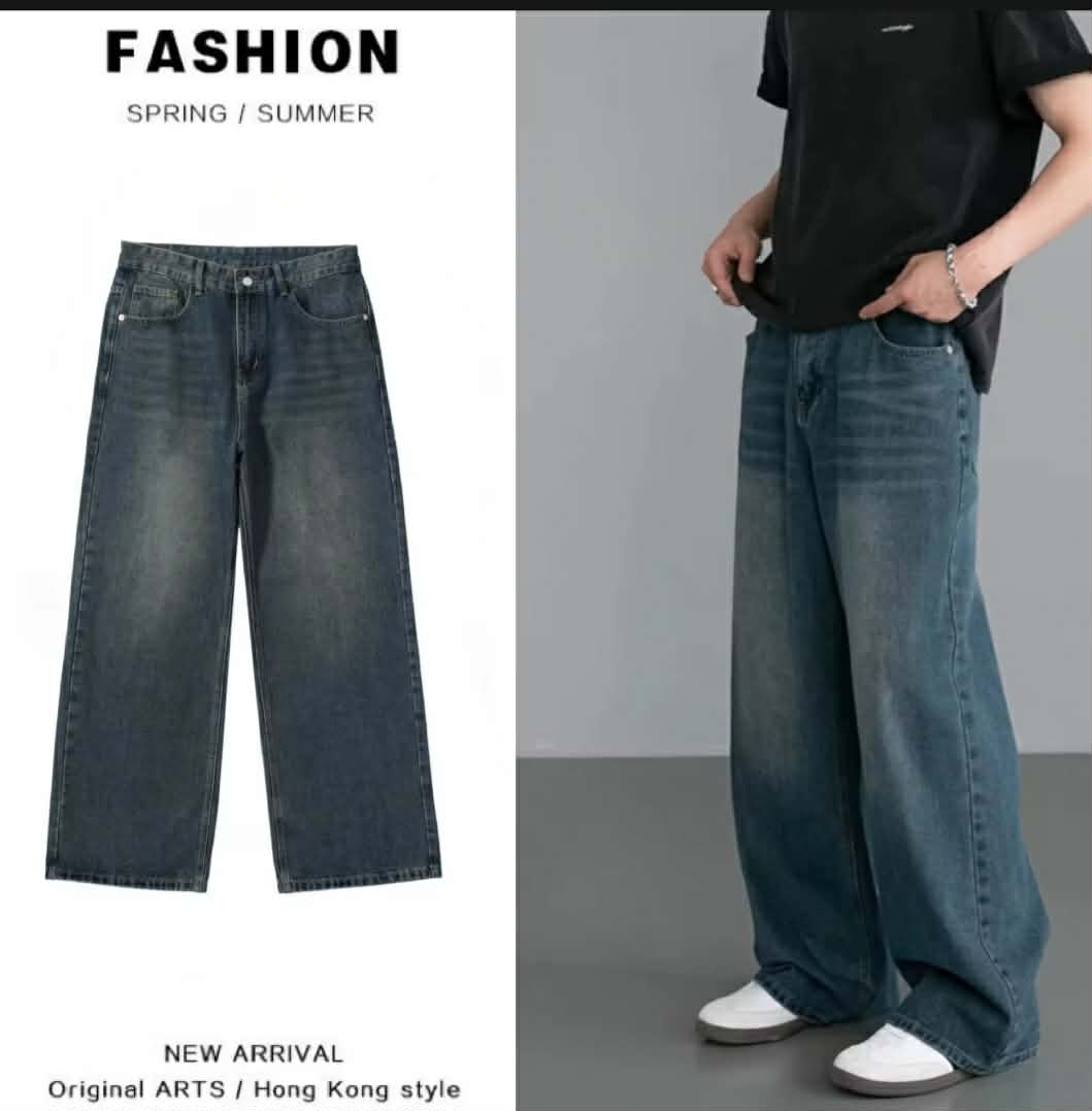 Baggy Jeans ໂສ້ງຍີນຜູ້ຊາຍ ຂາກວ້າງ, ຊົງຕົງ, ຄອກພິມປານກາງ, ພໍດີ ແລະ ຈັດເກັບຢ່າງດີ