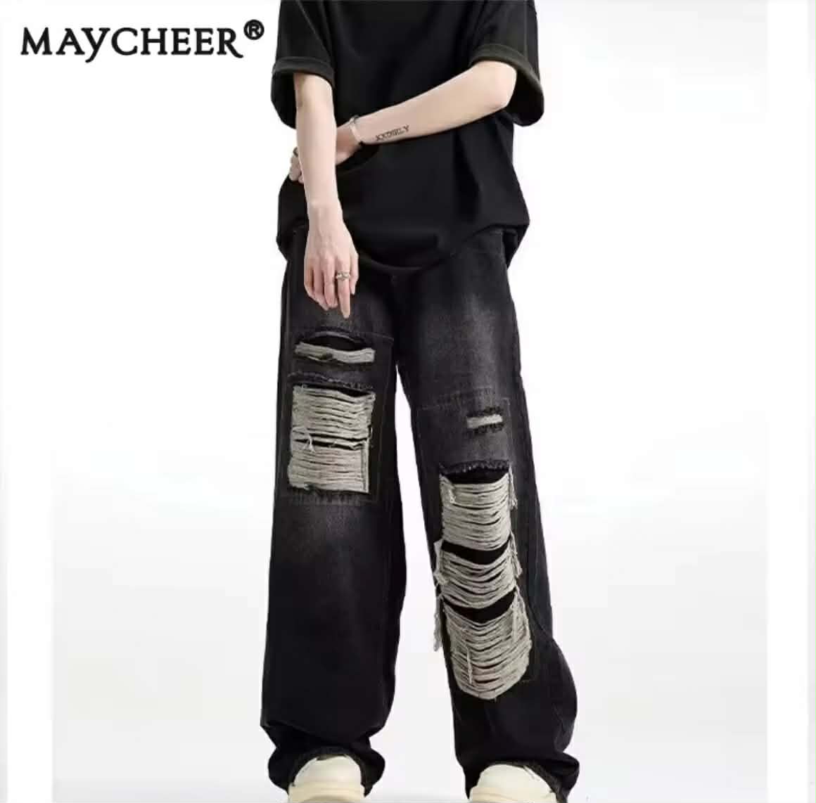 DONGYANSHIJIA ໂສ້ງຍີນສະໄຕລ໌ວິນເທດຂາດໆ ສໍາລັບຜູ້ຊາຍ ຊົງຫຼວມ ຊົງຂາກວ້າງ ຊົງຕົງ ໂສ້ງຂາຍາວສະໄຕລ໌ສະຕຣີດ