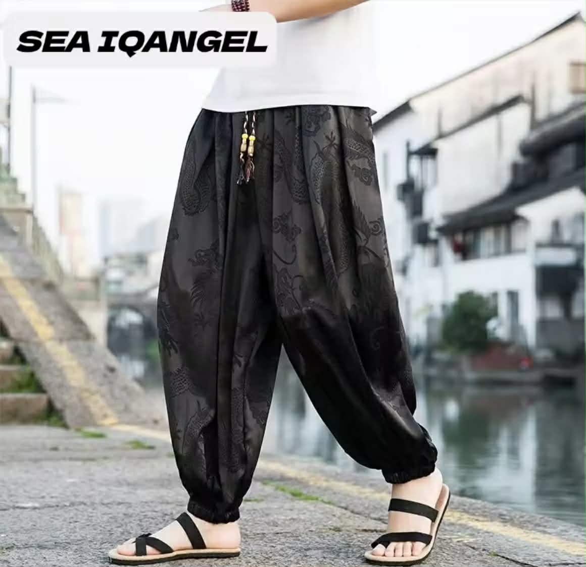 SEA IQANGEL ໂສ້ງຮາເຣັມ ສະໄຕລ໌ຈີນໃໝ່ ລາຍມັງກອນ ໃສ່ສະບາຍ ຂາກວ້າງ